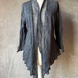 Eileen Fisher Open Front Cardigan Crinkled Knit Waterfall Drape Gray Metallic Lg